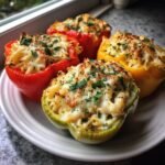 Four colorful stuffed bell peppers filled with pasta and chicken alfredo, topped with melted cheese and parsley.