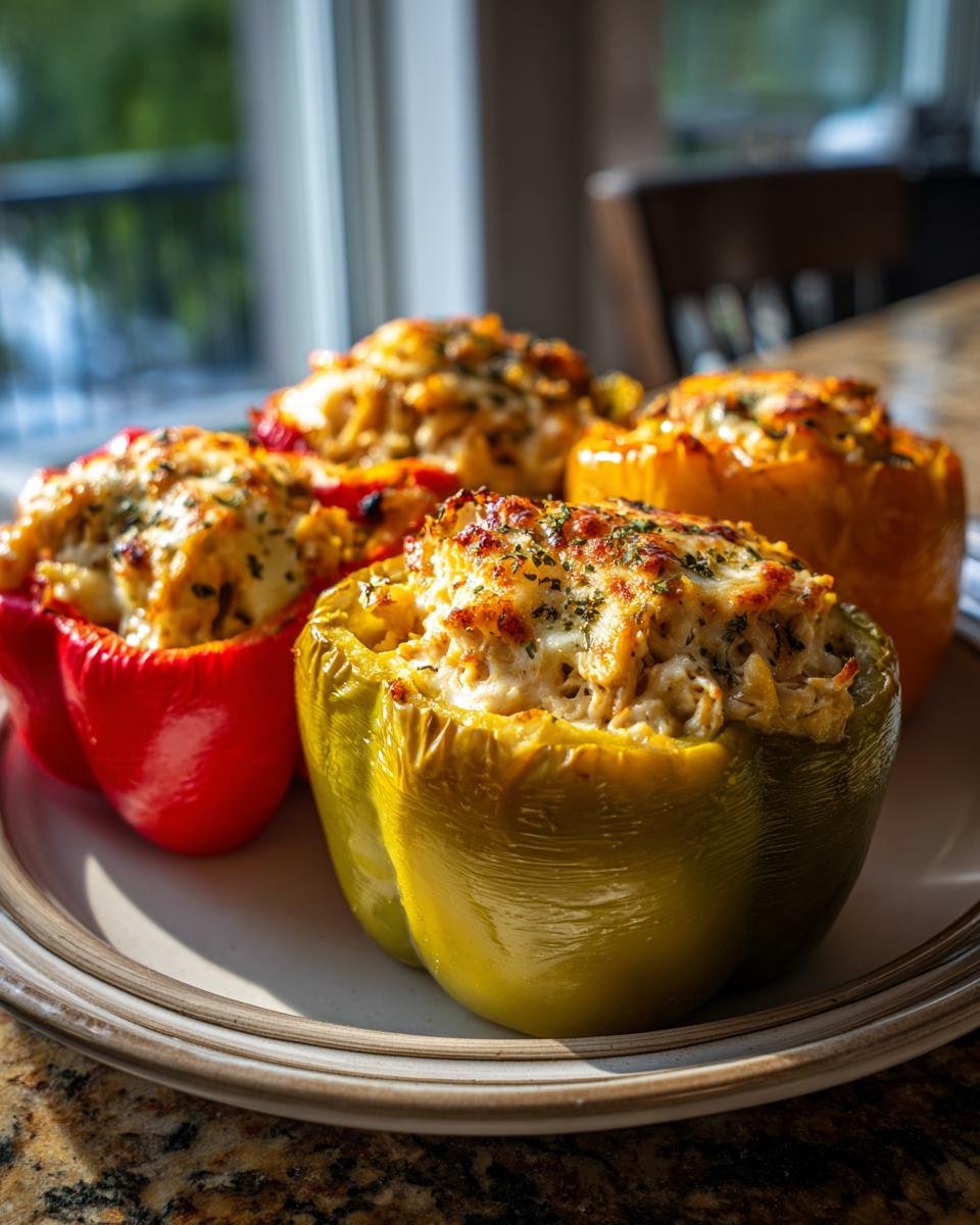 Close-up of four colorful stuffed bell peppers filled with chicken alfredo and topped with melted cheese and herbs.