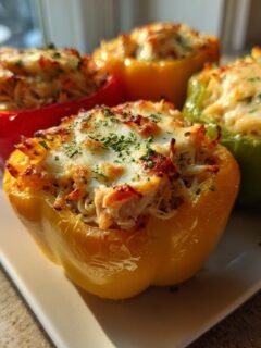 Four colorful bell peppers stuffed with chicken alfredo and pasta, topped with melted cheese and parsley.