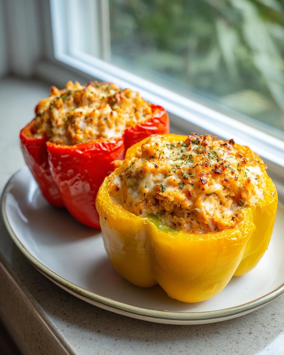 Two colorful stuffed bell peppers, one red and one yellow, filled with chicken alfredo mixture and topped with melted cheese and herbs.