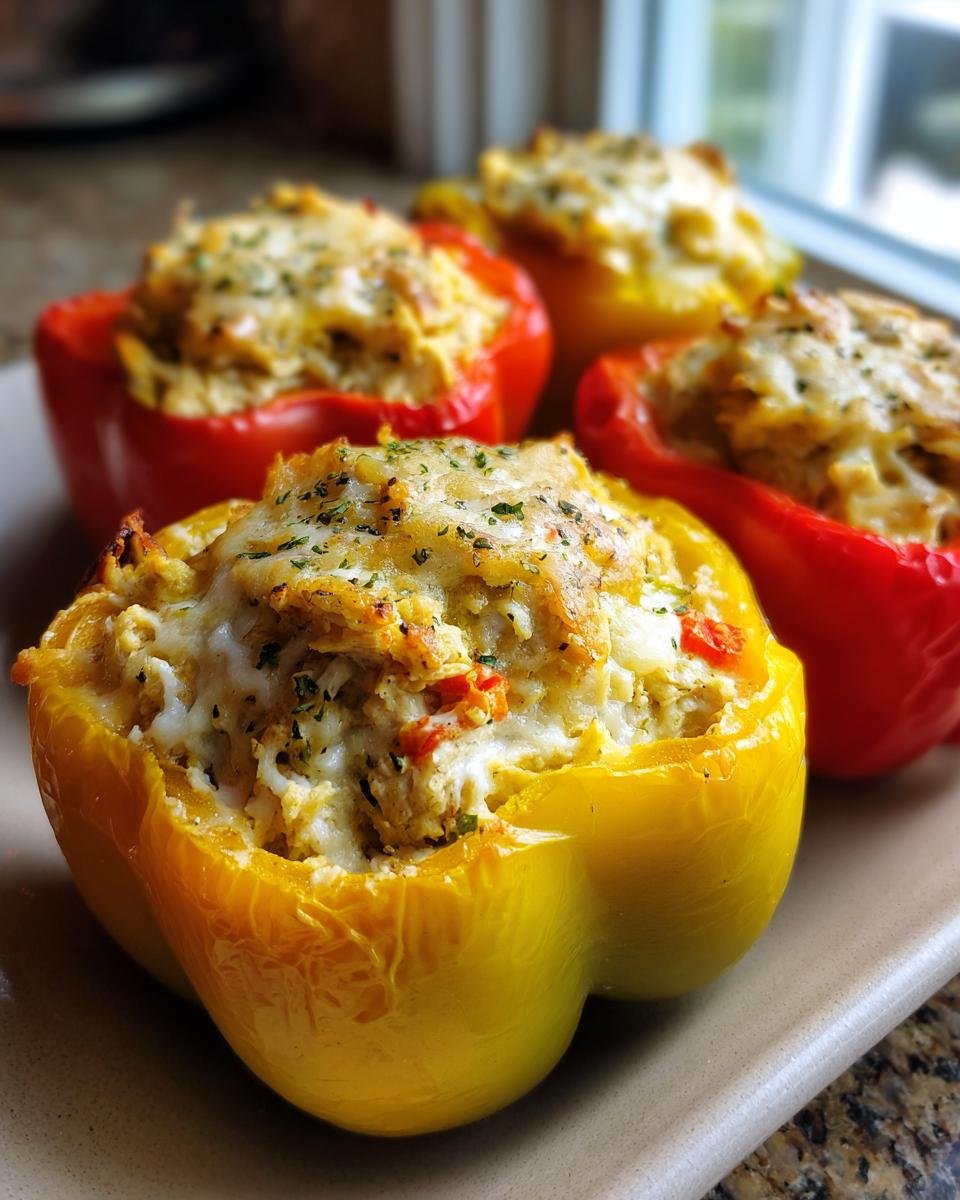 Close-up of delicious chicken Alfredo stuffed peppers, topped with melted cheese and herbs.