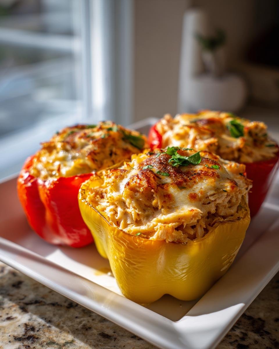 Three colorful stuffed bell peppers filled with chicken alfredo mixture and topped with melted cheese and herbs.