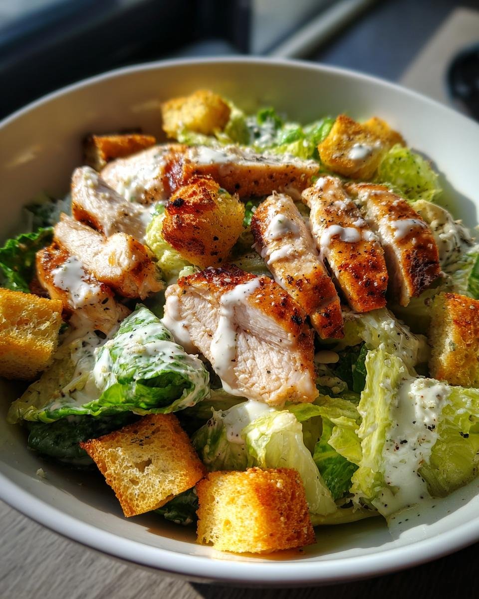 A close-up of a Delicious Chicken Caesar Salad With Crunchy Croutons, featuring grilled chicken slices, romaine lettuce, and golden croutons.