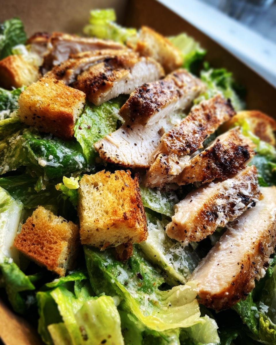 Close-up of a Delicious Chicken Caesar Salad With Crunchy Croutons, featuring grilled chicken slices, romaine lettuce, and golden croutons.