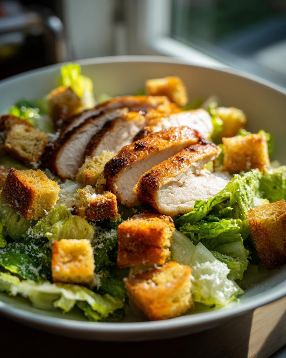 A close-up of a Delicious Chicken Caesar Salad With Crunchy Croutons, featuring sliced grilled chicken, crisp romaine lettuce, and golden croutons.