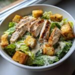 A bowl of Delicious Chicken Caesar Salad With Crunchy Croutons, featuring grilled chicken slices, romaine lettuce, and golden croutons.