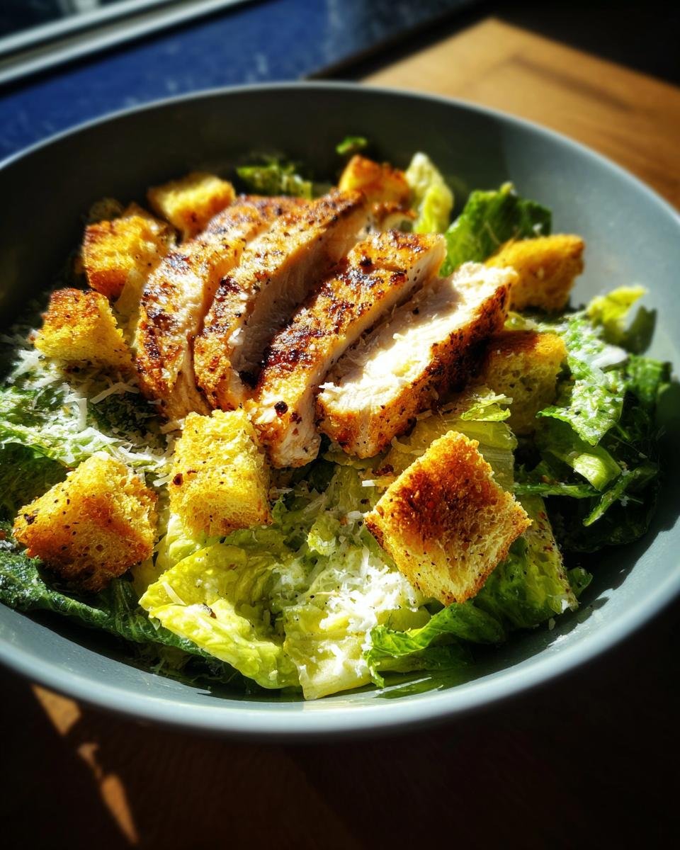A close-up of a Delicious Chicken Caesar Salad With Crunchy Croutons, featuring sliced grilled chicken, romaine lettuce, and golden croutons.
