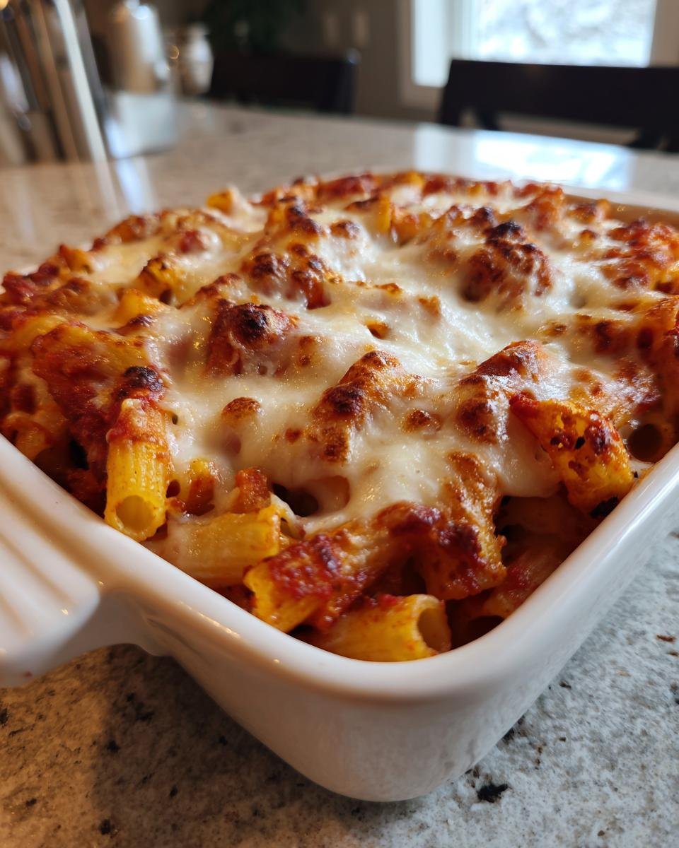 A close-up of a Delicious Chicken Parmesan Pasta Bake in a white dish, bubbling with melted cheese.