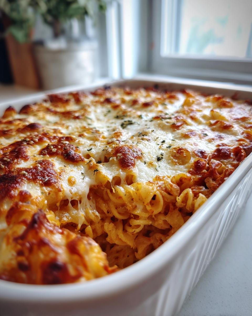 A close-up of a Delicious Chicken Parmesan Pasta Bake in a white dish, with melted cheese and pasta.