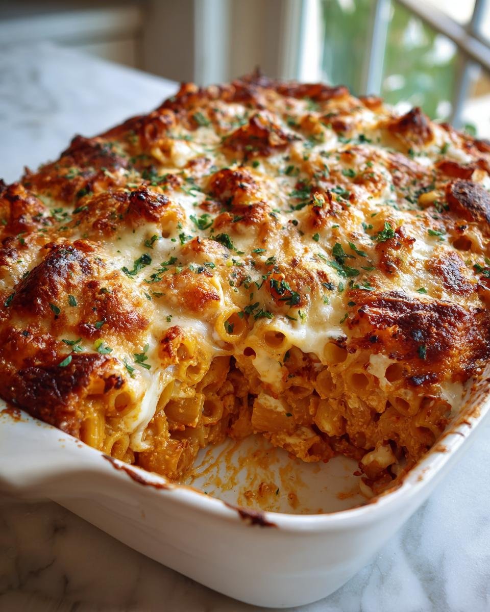 A close-up of a Delicious Chicken Parmesan Pasta Bake in a white dish, with golden-brown cheese and pasta visible.
