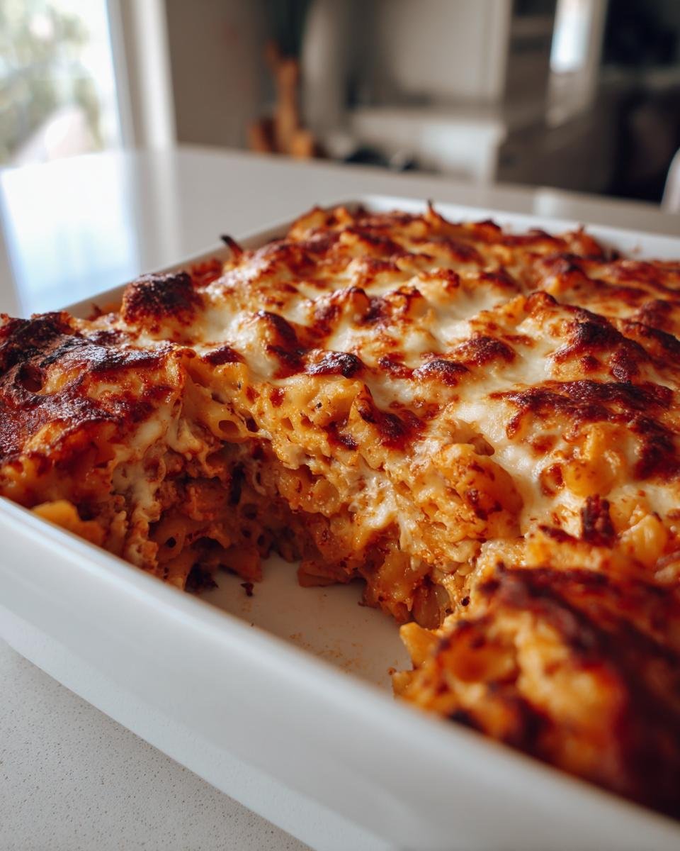 A close-up of a Delicious Chicken Parmesan Pasta Bake in a white dish, with golden-brown melted cheese.