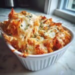 A spoonful of Delicious Chicken Parmesan Pasta Bake, showing gooey melted cheese and pasta.