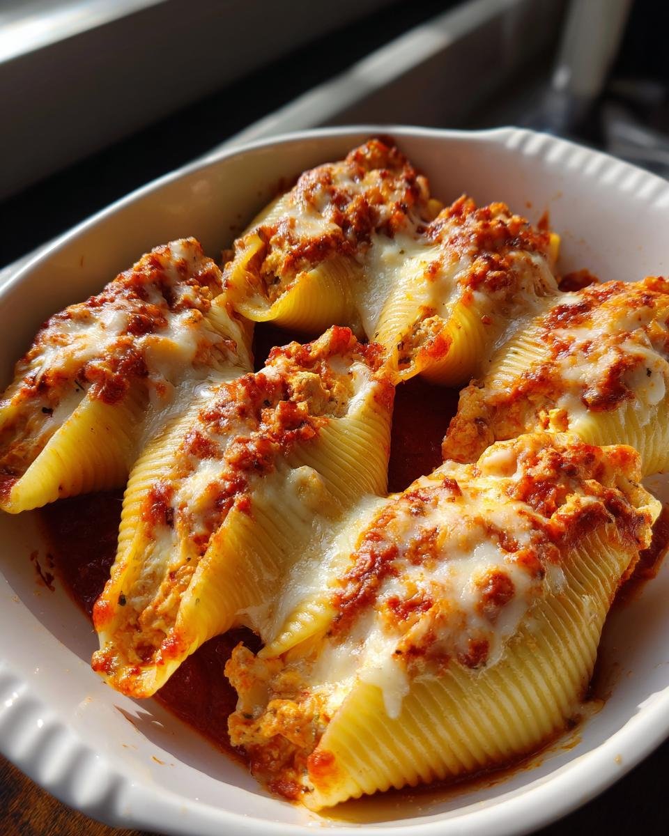 A close-up of Delicious Chicken Parmesan Stuffed Shells baked in a white dish with marinara sauce and melted cheese.