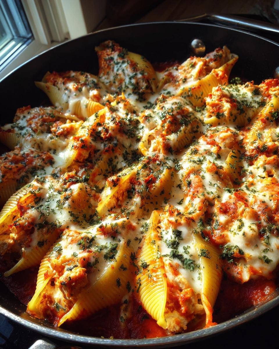 Close-up of Delicious Chicken Parmesan Stuffed Shells baked in a pan with melted cheese and marinara sauce.
