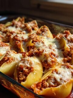 A close-up of Delicious Chicken Parmesan Stuffed Shells baked in a glass dish, topped with melted cheese.
