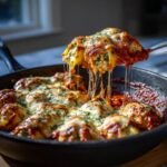 A serving spoon lifts a cheesy, saucy stuffed shell from a pan of Delicious Chicken Parmesan Stuffed Shells.