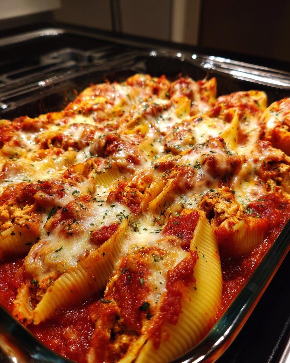 Close-up of Delicious Chicken Parmesan Stuffed Shells baked in a dish with melted cheese and marinara sauce.
