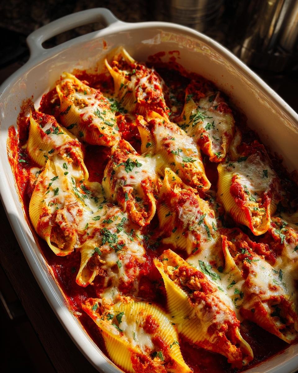 A close-up of a baking dish filled with Delicious Chicken Parmesan Stuffed Shells, topped with melted cheese and parsley.