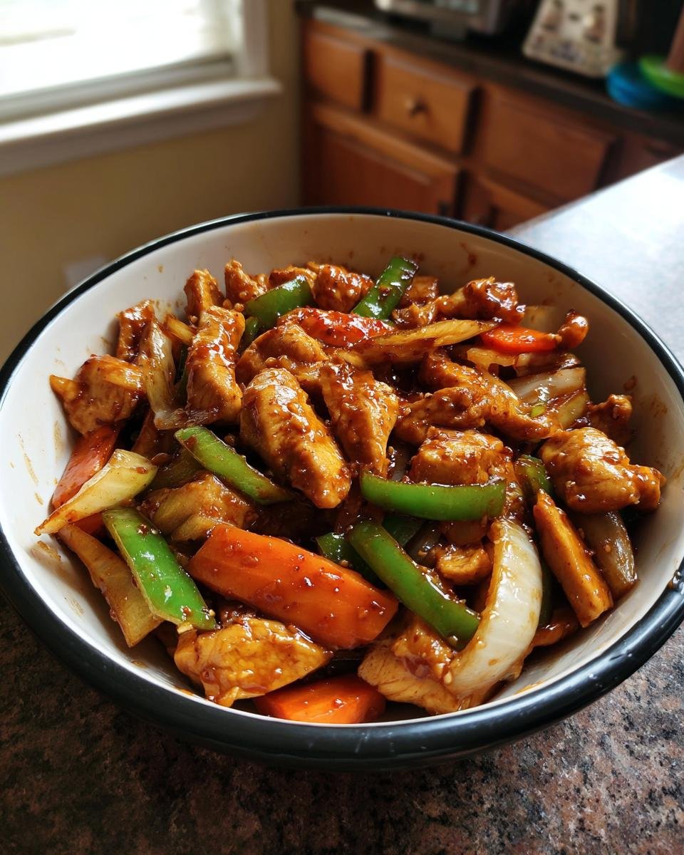 A bowl of Delicious Chicken Stir Fry with Teriyaki Sauce, featuring tender chicken pieces, vibrant green bell peppers, carrots, and onions.