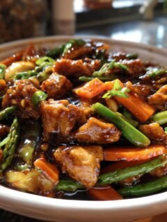 A close-up of a bowl filled with Delicious Chicken Stir Fry With Teriyaki Sauce, featuring tender chicken pieces, crisp asparagus, and carrots coated in a glossy sauce.