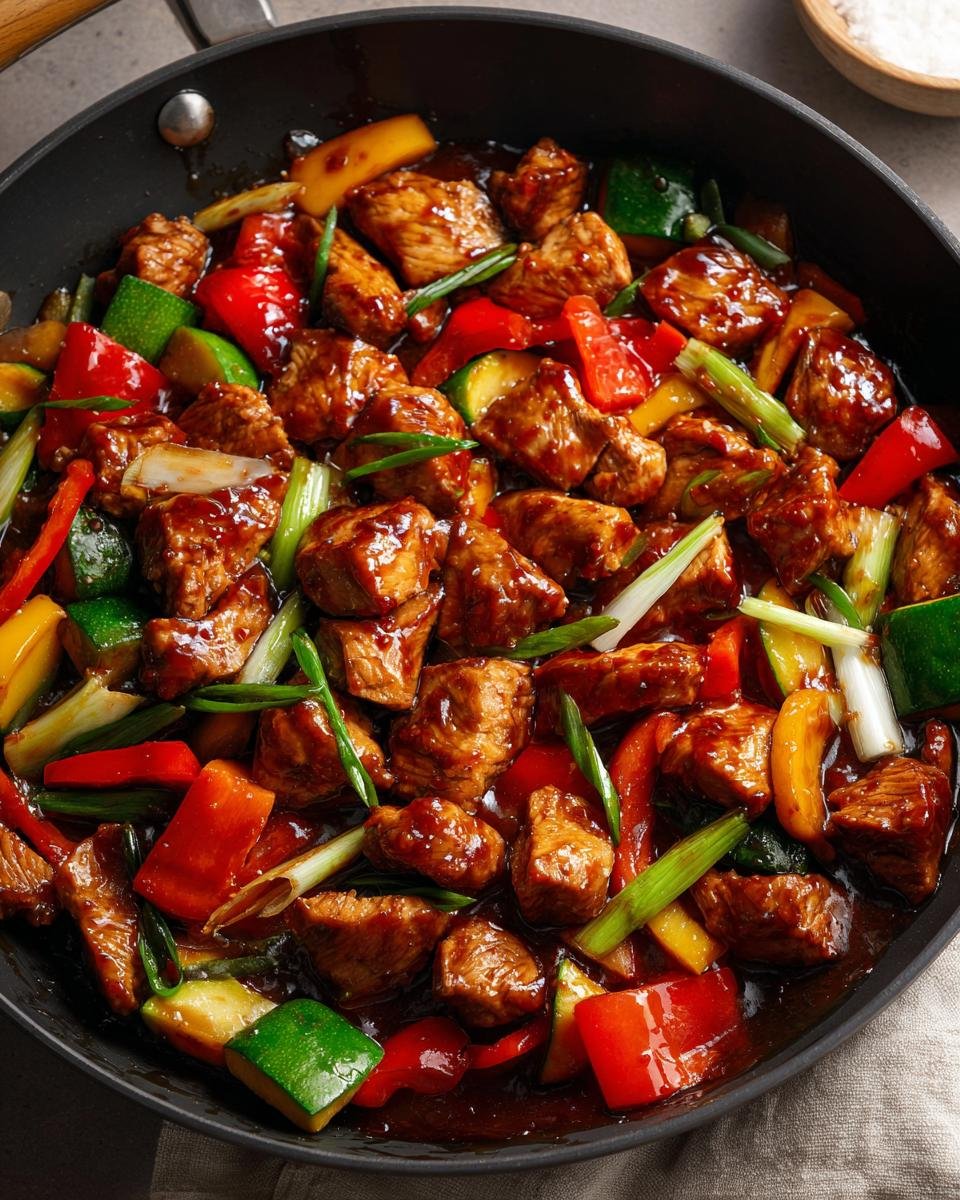 Close-up of Delicious Chicken Stir Fry With Teriyaki Sauce in a pan with colorful vegetables.
