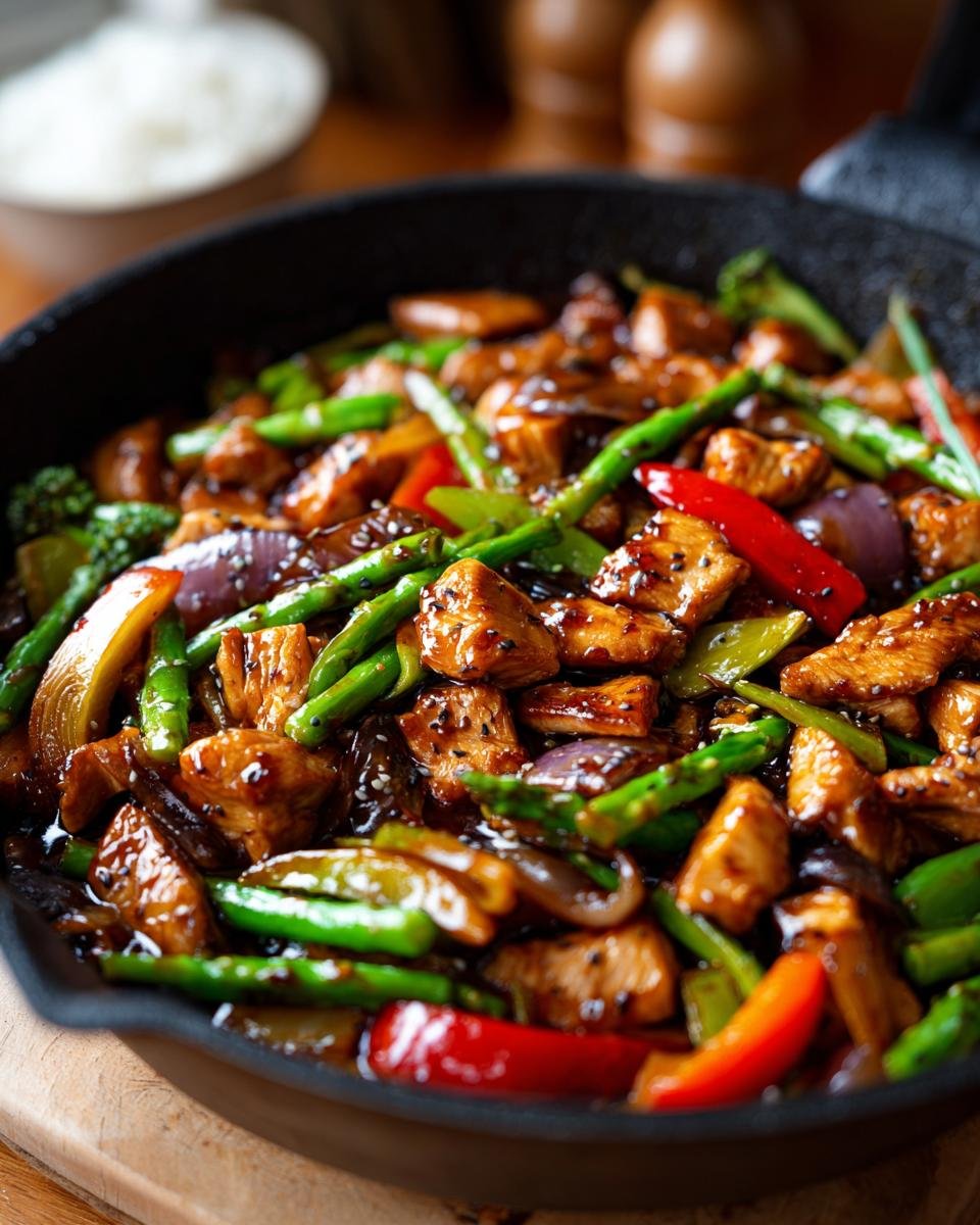 A close-up of a pan filled with Delicious Chicken Stir Fry With Teriyaki Sauce, featuring chicken pieces, asparagus, bell peppers, and onions.