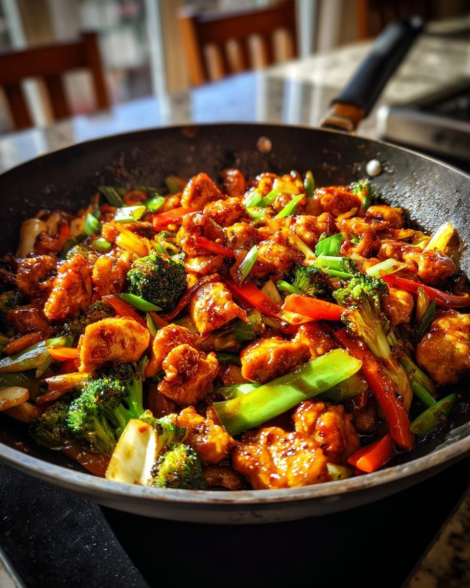 A close-up of a wok filled with Delicious Chicken Stir Fry With Teriyaki Sauce, featuring tender chicken pieces, broccoli, red peppers, and snap peas.