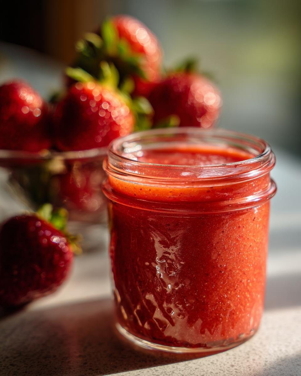 A close-up of a jar filled with Delicious Fathers Day Strawberry Vinaigrette Dressing, with fresh strawberries in the background.