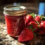 A glass jar filled with Delicious Fathers Day Strawberry Vinaigrette Dressing, surrounded by fresh strawberries.