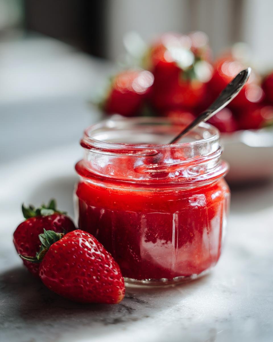 A small glass jar filled with Delicious Fathers Day Strawberry Vinaigrette, with fresh strawberries beside it.
