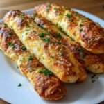 A plate of golden-brown, delicious garlic breadsticks, topped with melted cheese and fresh parsley.