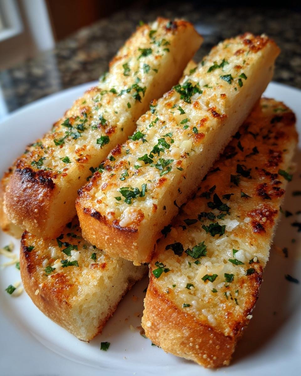 A close-up of golden-brown, Delicious Garlic Breadsticks, topped with melted cheese and fresh parsley.
