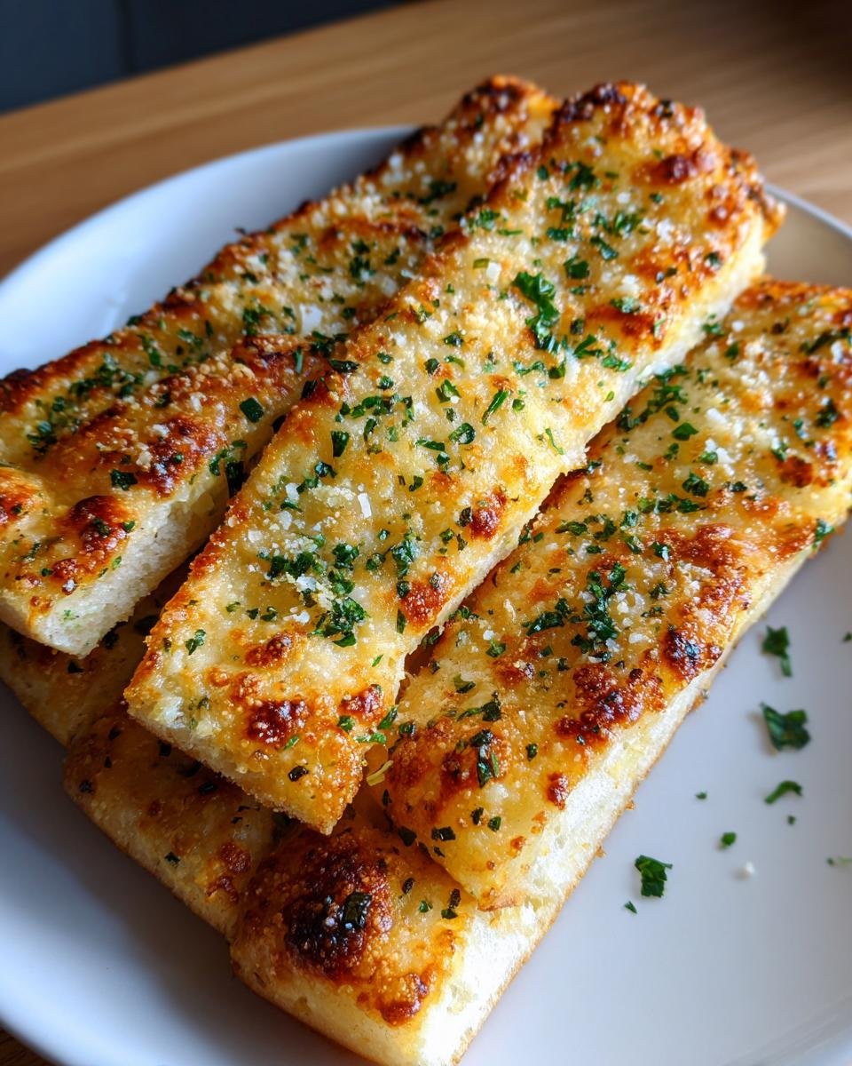 A close-up of golden-brown, Delicious Garlic Breadsticks, topped with melted cheese and fresh parsley.