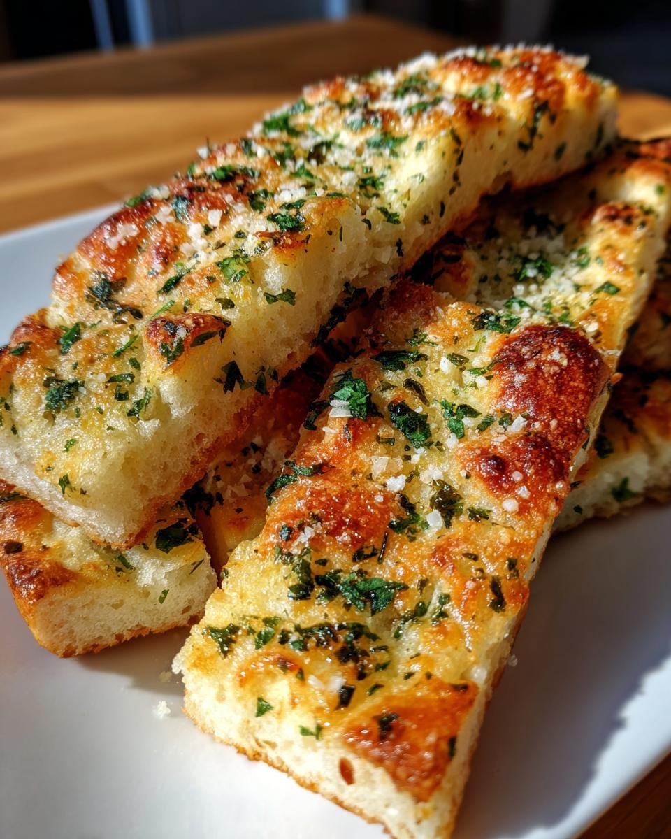 A stack of delicious garlic breadsticks, soft and buttery, topped with fresh parsley and sea salt.