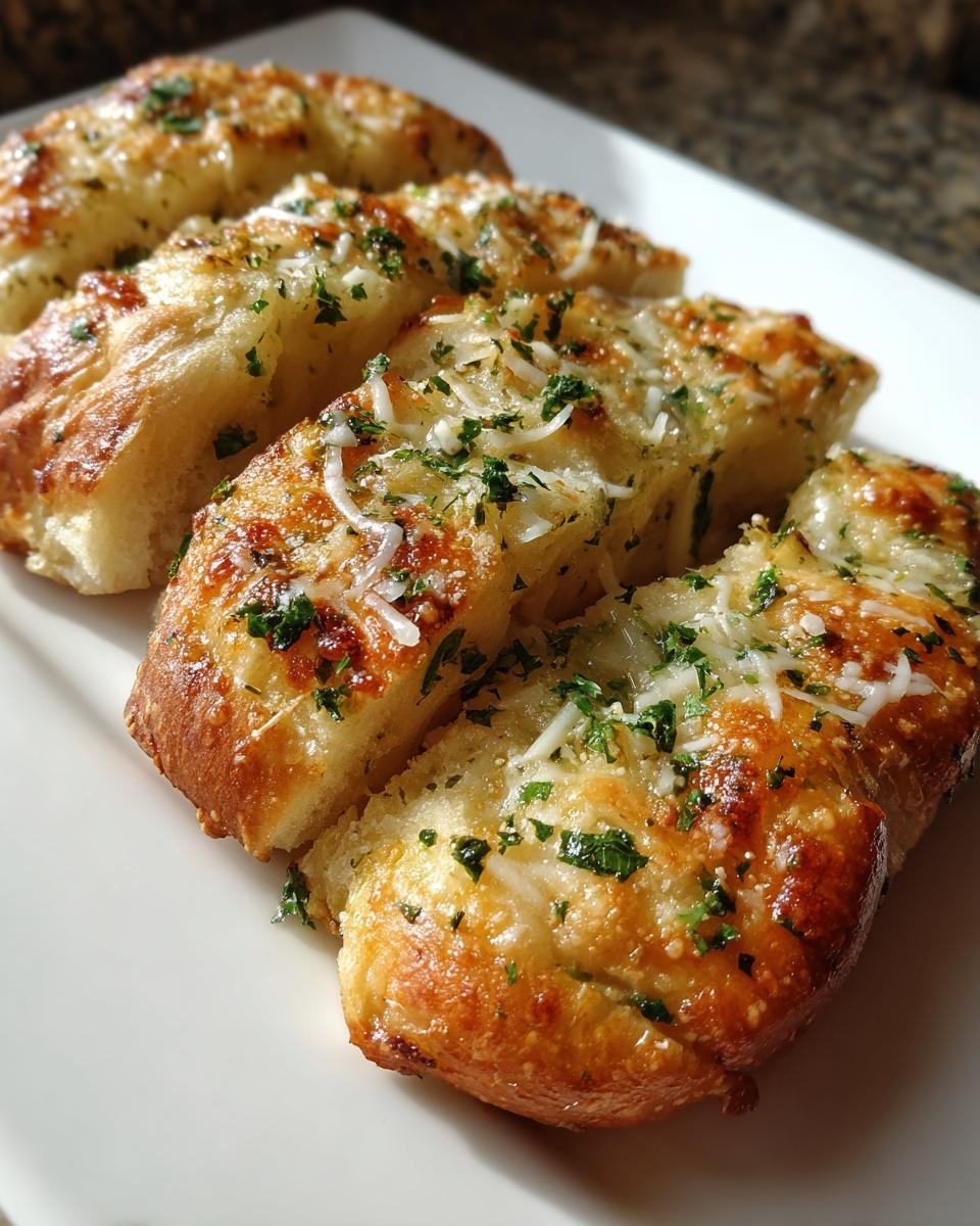 Close-up of several Delicious Garlic Breadsticks, soft and buttery, topped with melted cheese and fresh parsley.