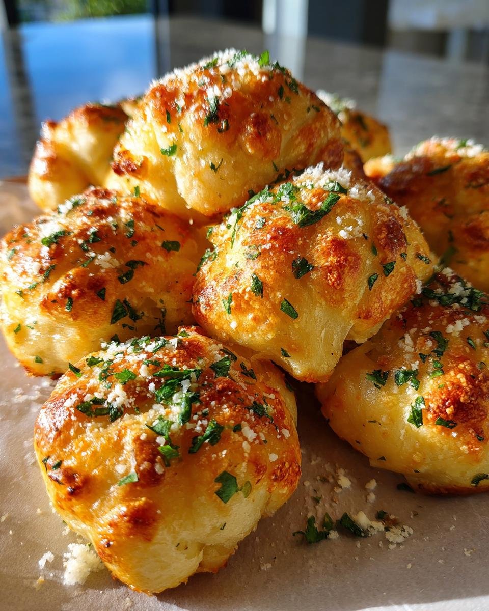 Close-up of a pile of Delicious Garlic Parmesan Knots, topped with grated Parmesan cheese and fresh parsley.