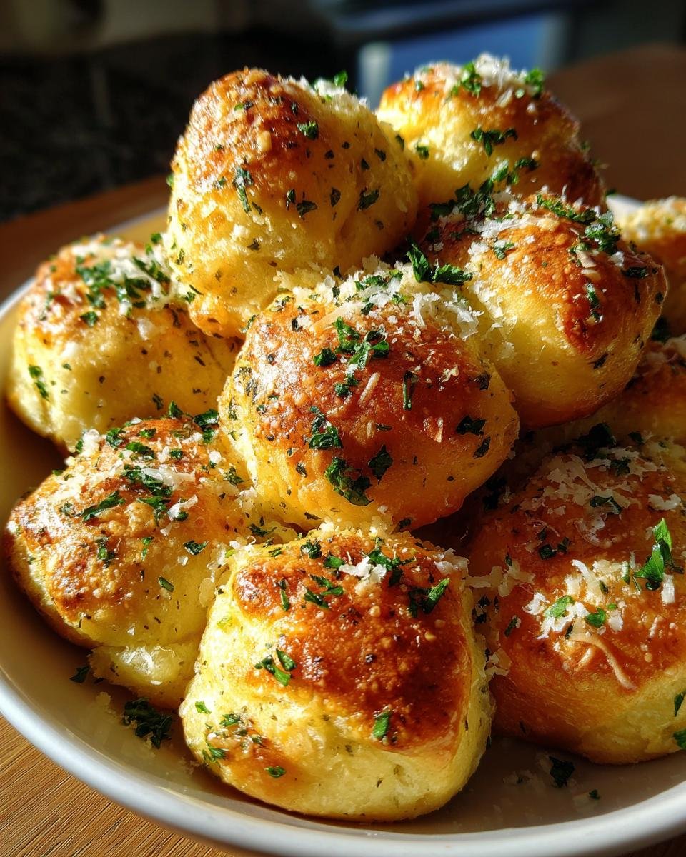 A close-up of a pile of golden-brown Delicious Garlic Parmesan Knots, sprinkled with fresh parsley and grated Parmesan cheese.