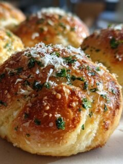 Close-up of Delicious Garlic Parmesan Knots, sprinkled with fresh parsley and grated Parmesan cheese.
