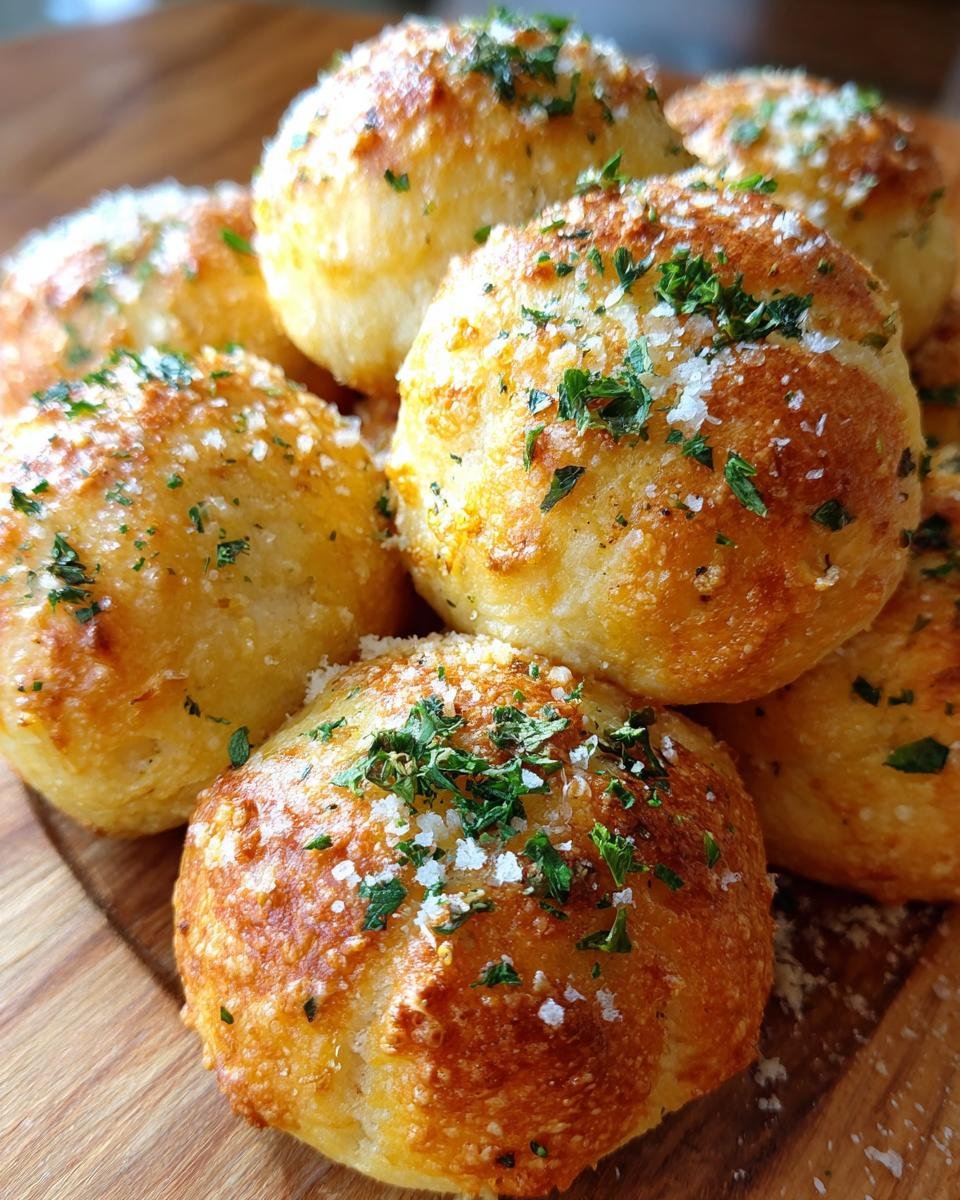 A close-up of a pile of golden-brown Delicious Garlic Parmesan Knots, sprinkled with fresh parsley and grated Parmesan cheese.