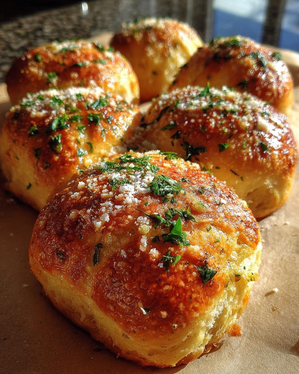Close-up of golden-brown Delicious Garlic Parmesan Knots Easy Snack Recipe, sprinkled with grated cheese and fresh parsley.