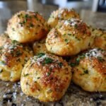 A pile of golden-brown Delicious Garlic Parmesan Knots, sprinkled with fresh parsley and grated Parmesan cheese.