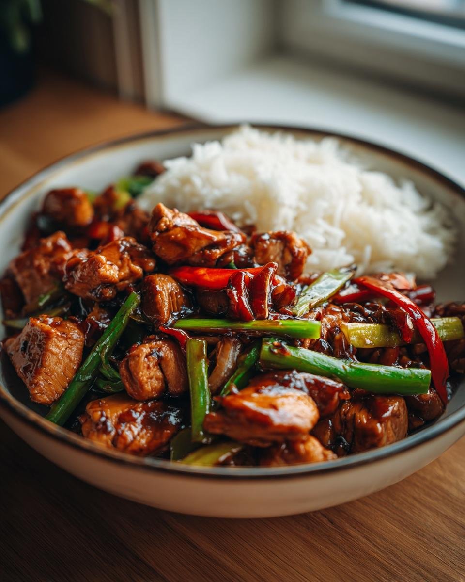 A bowl of Delicious Honey Garlic Chicken Stir Fry with rice, featuring tender chicken pieces, green onions, and red peppers in a glossy sauce.