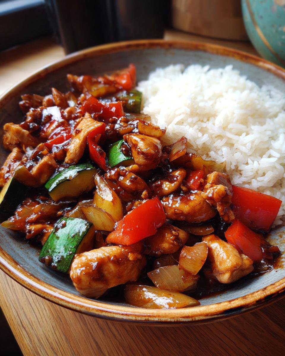 A bowl of Delicious Honey Garlic Chicken Stir Fry with vegetables and a side of white rice.