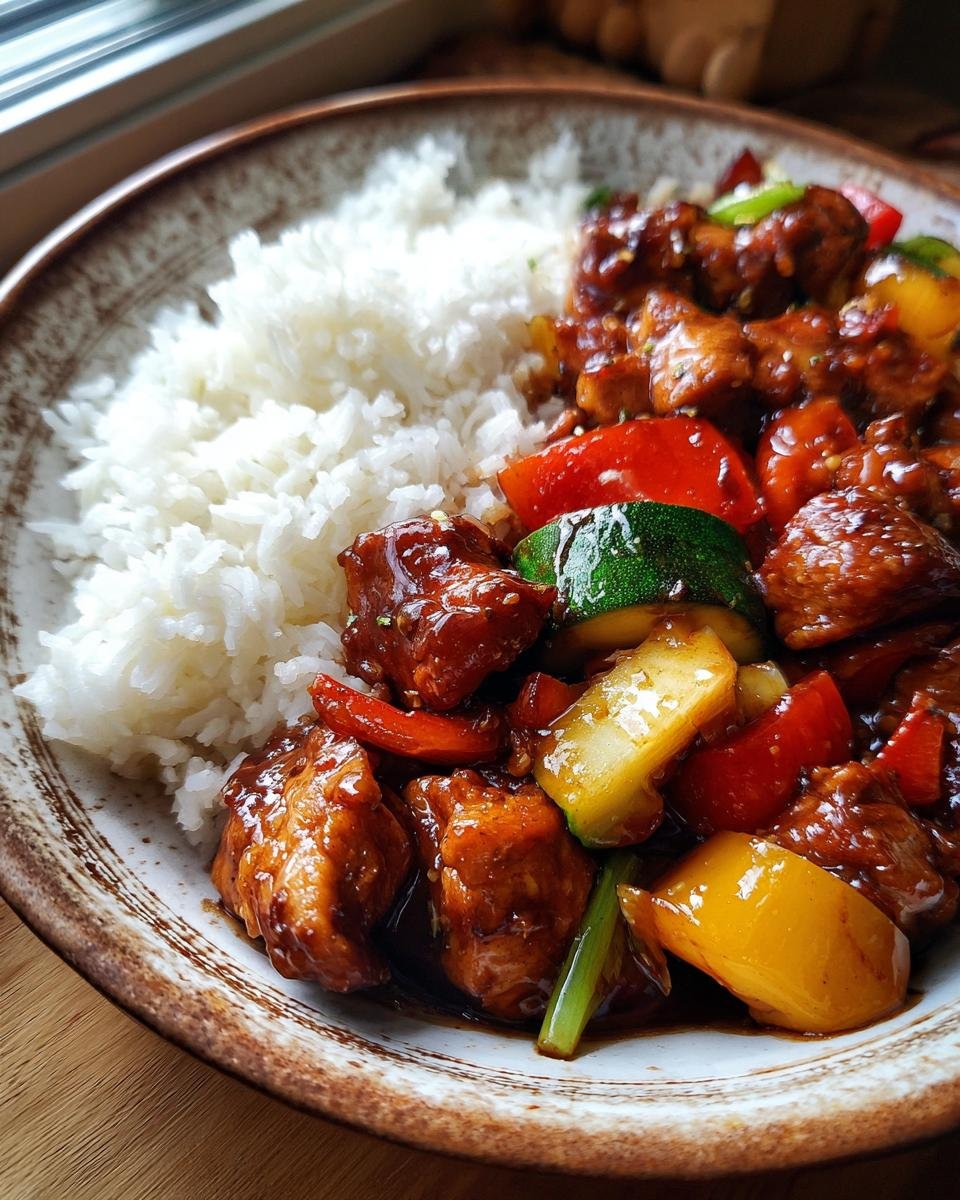 A bowl of Delicious Honey Garlic Chicken Stir Fry with rice, featuring chicken pieces, bell peppers, zucchini, and a glossy sauce.
