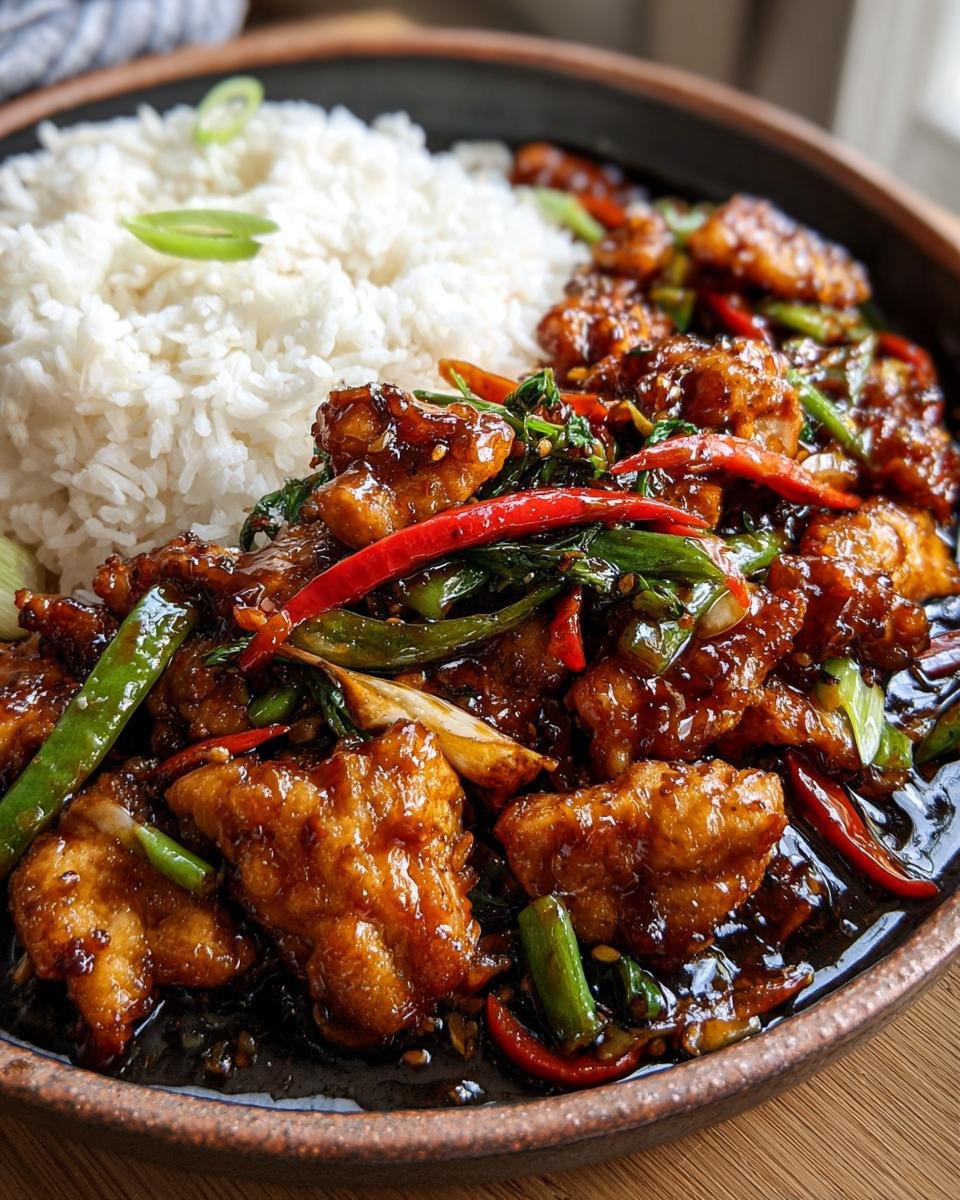 A close-up of Delicious Honey Garlic Chicken Stir Fry served with fluffy white rice, garnished with chili peppers and green onions.