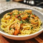 A close-up of Delicious Lemon Garlic Shrimp Pasta, featuring linguine noodles topped with plump shrimp, garlic, herbs, and red pepper flakes.
