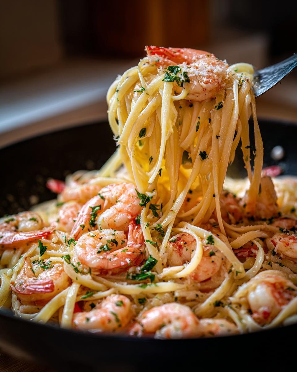 A fork twirls a generous portion of Delicious Lemon Garlic Shrimp Pasta, garnished with fresh parsley and grated cheese.