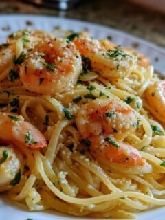 A close-up of Delicious Lemon Garlic Shrimp Pasta, featuring linguine noodles, plump shrimp, and fresh parsley.