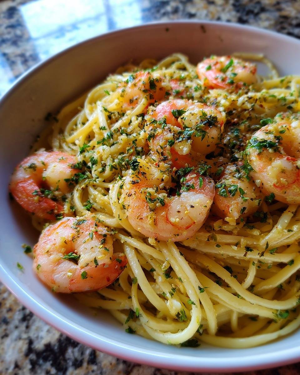 A close-up of Delicious Lemon Garlic Shrimp Pasta, featuring plump shrimp and linguine tossed in a savory sauce and sprinkled with fresh parsley.