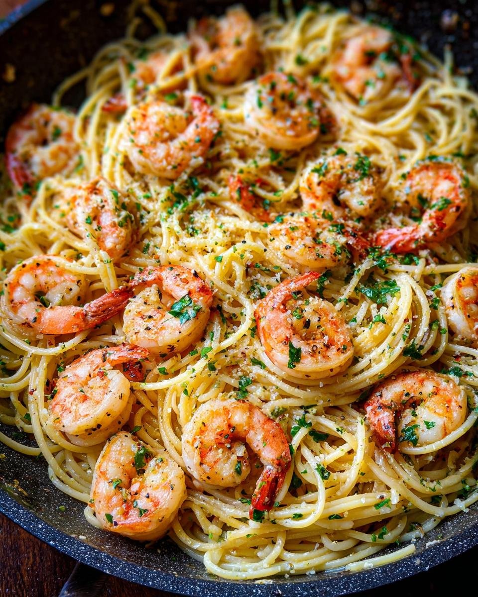 Close-up of Delicious Lemon Garlic Shrimp Pasta, showcasing plump shrimp and perfectly cooked spaghetti, garnished with fresh parsley.